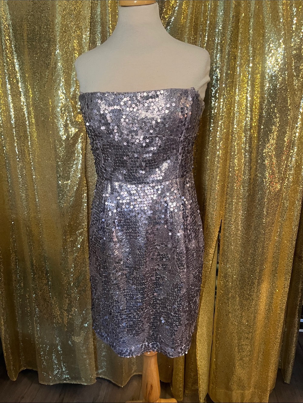 BCBGMaxAzria Silver Sequin Strapless Cocktail Dress
